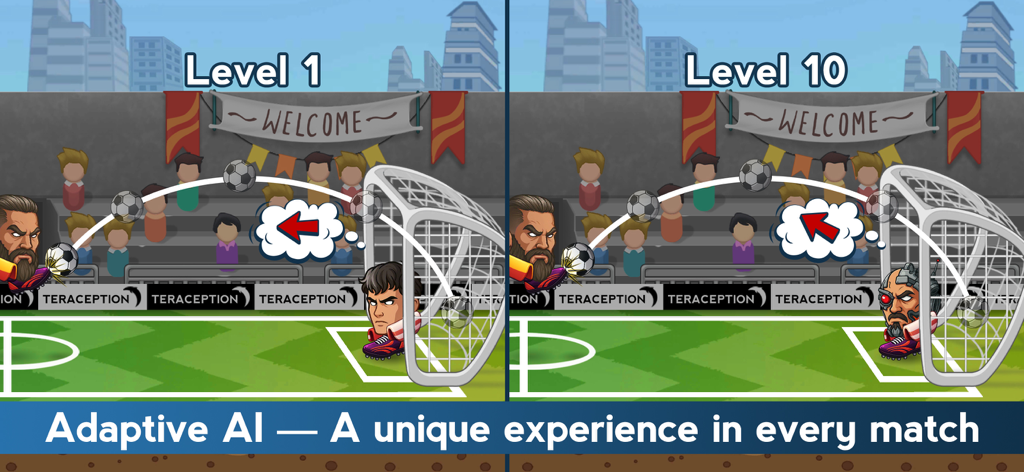 Foot Brawl - Fun Head Football - Comparación del juego de nivel 1 y nivel 10 en Foot Brawl mostrando la IA adaptativa