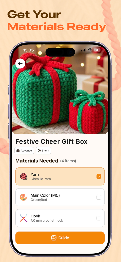 The Yarno app interface displaying a materials list for a crochet gift box project.