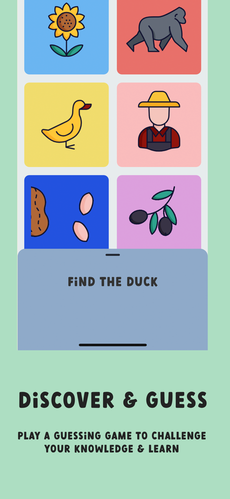games for kids: Farm Sounds - Interactive educational guessing game for kids featuring a find the duck prompt with colorful animal and plant icons.