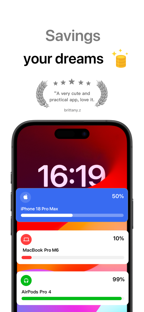 Banklet - Savings Plan - Banklet app showing savings goal progress bars on an iPhone home screen widget.