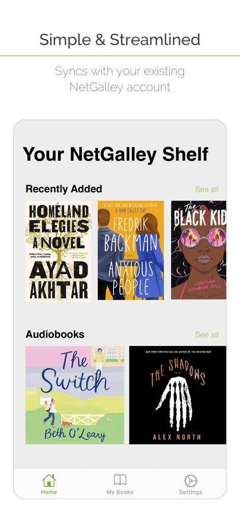 NetGalley Shelf - NetGalley Shelfアプリのホーム画面。最近追加されたデジタルブックとオーディオブックが表示されています。