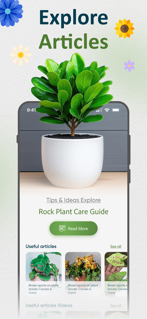 AI Plant Identifier and Care - Interfaz de la aplicación AI Plant Identifier que muestra una lista de artículos y guías de cuidado de plantas