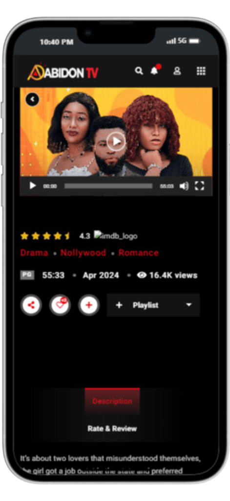 Abidon-TV - Abidon-TV app interface showing a Nollywood movie details page with video player and ratings