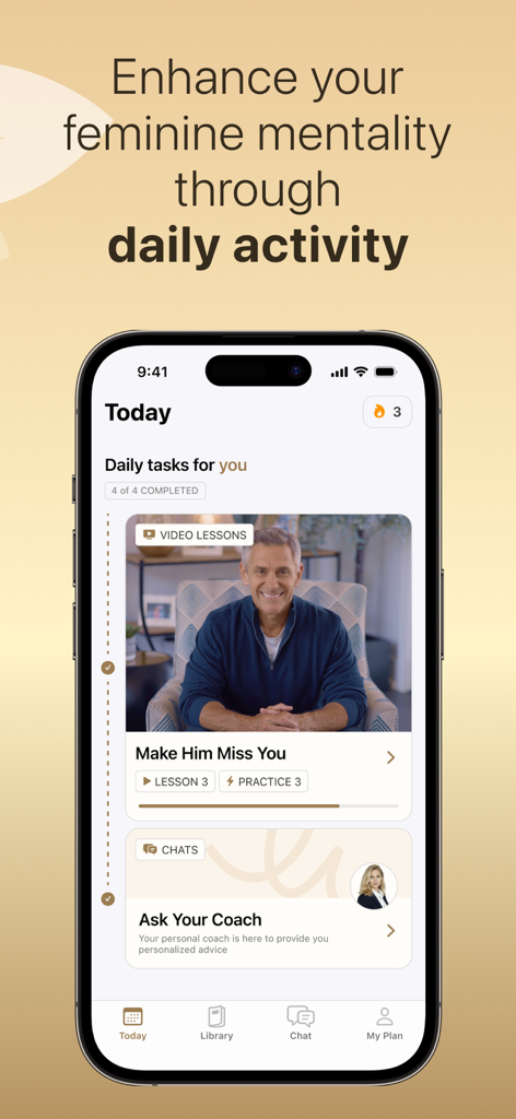 MusesAcademy: Daily Growth - Smartphone screen displaying daily growth tasks and expert video lessons on the MusesAcademy app