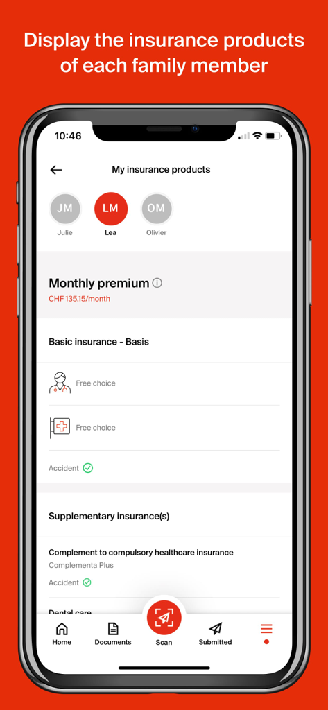 Assura - Assura mobile app screen displaying insurance products and monthly premiums for family members