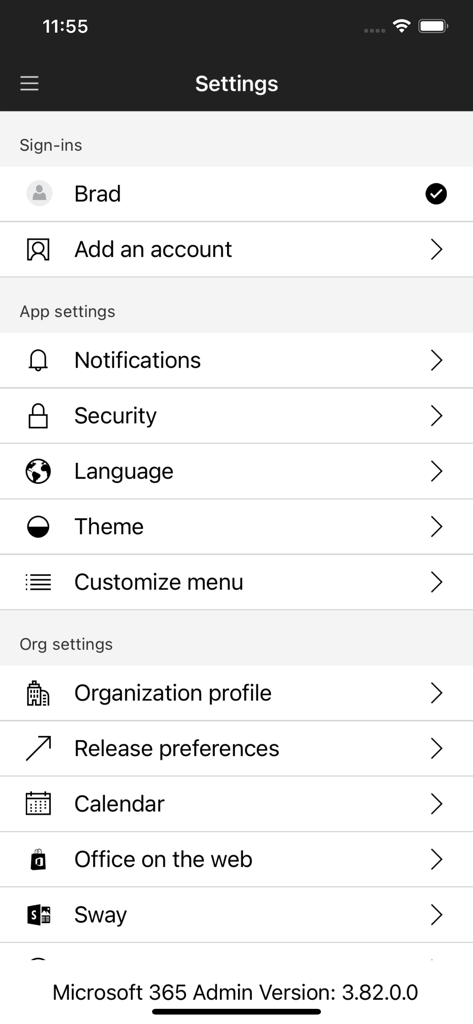 Microsoft 365 Admin - Settings menu of the Microsoft 365 Admin app showing account sign-ins, notification settings, and organization profile options