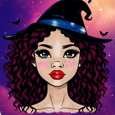 realistic black girl with wavy hair and witch hat and nose and lips