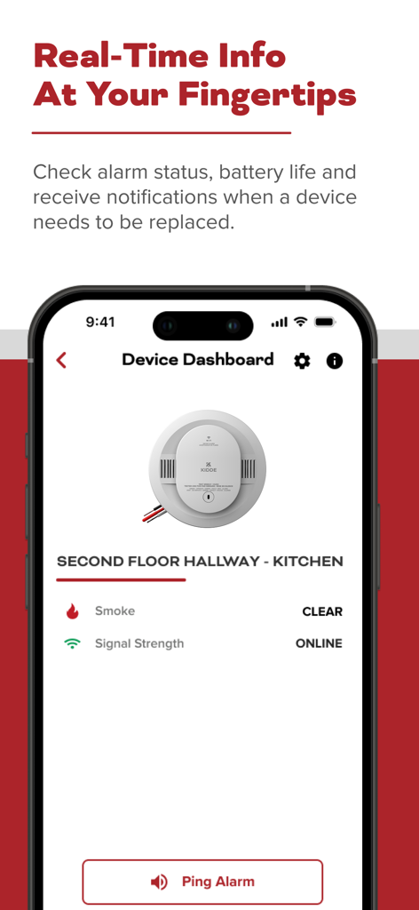Kidde - Smartphone screen displaying the Kidde app device dashboard with smoke alarm status for a kitchen.