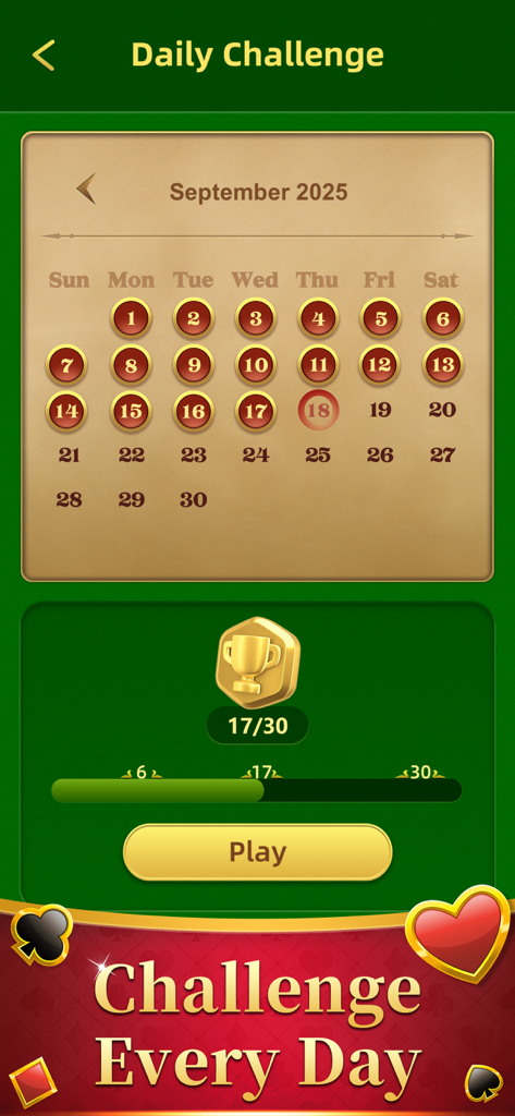 Tela do aplicativo Royal Solitaire mostrando o calendário de desafios diários e o progresso do troféu