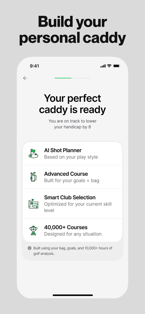 Scratch AI app screen showing personalized caddy features like AI shot planner and smart club selection