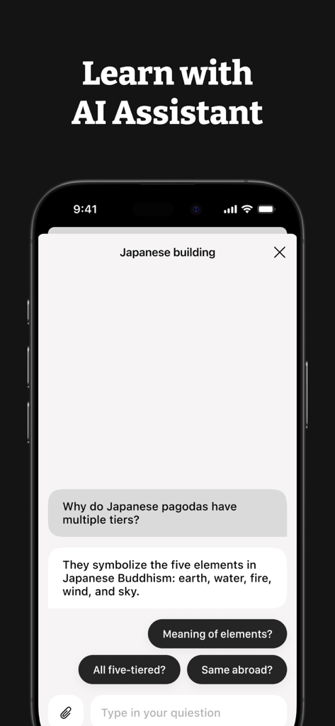 AI Lens Scanner - Image Search - Mobile app interface showing an AI assistant answering questions about a Japanese pagoda