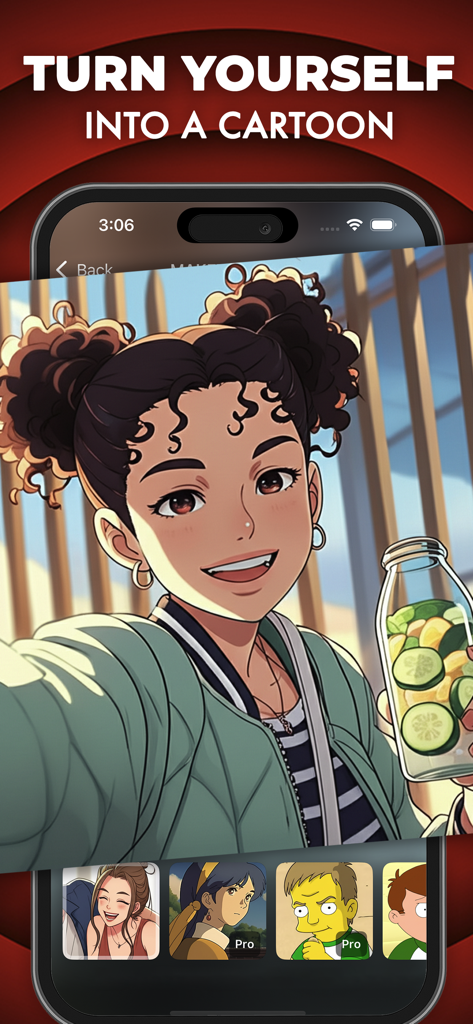 Cartoon Yourself: MAKETOON - MAKETOONアプリのインターフェース。セルフィーがアニメ風のカートゥーンに変換されている様子を表示