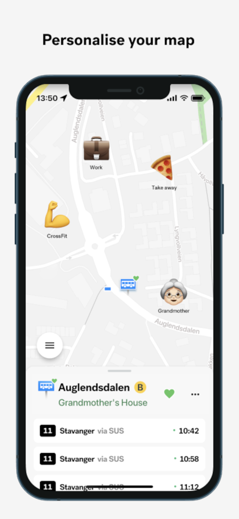 Uno screenshot dell'app Kolumbus che mostra un'interfaccia mappa personalizzata con scorciatoie per località personalizzate e partenze autobus in tempo reale.