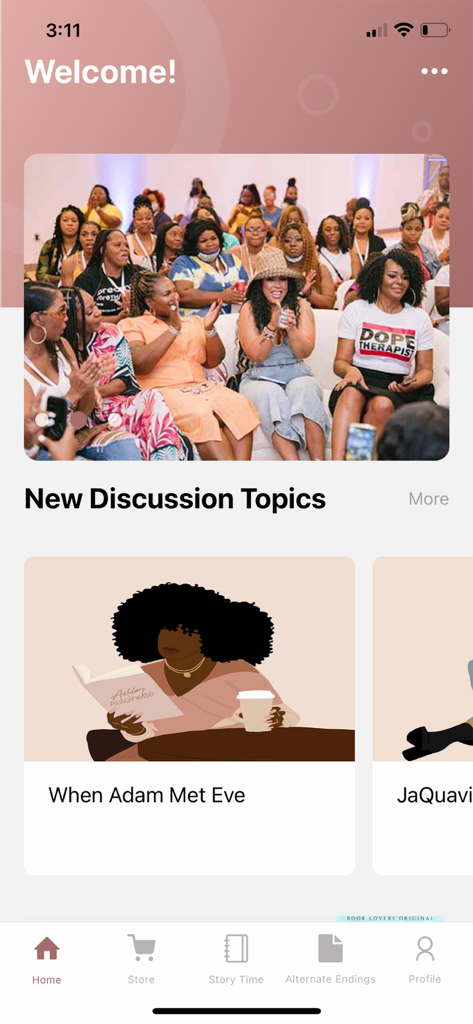 Home screen of the Book Lovers App displaying community events and book discussion topics for African American literature fans.