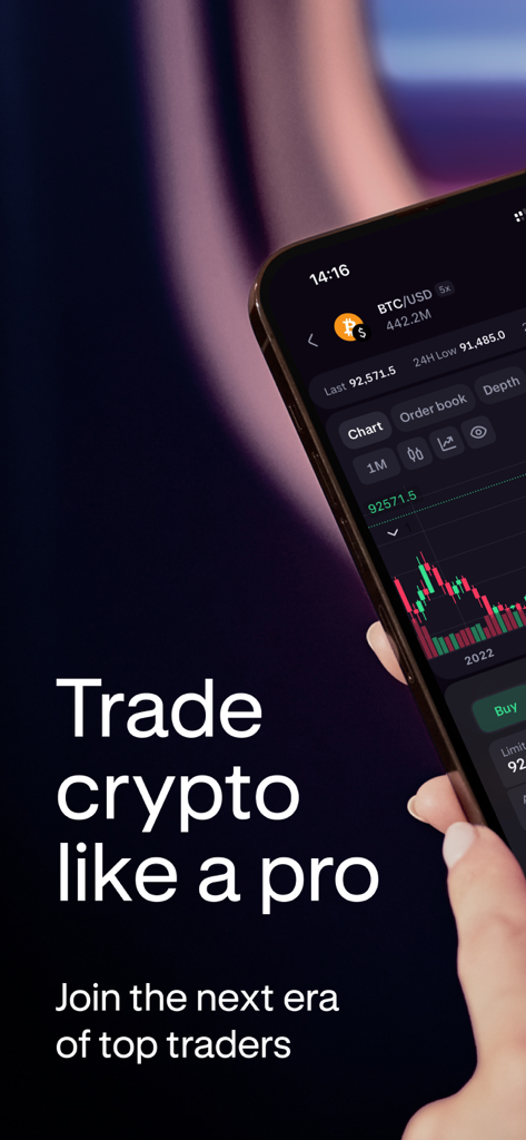 Kraken Pro: Advanced Trading - Interface de l'application mobile Kraken Pro montrant un graphique en chandeliers Bitcoin et des outils de trading professionnels