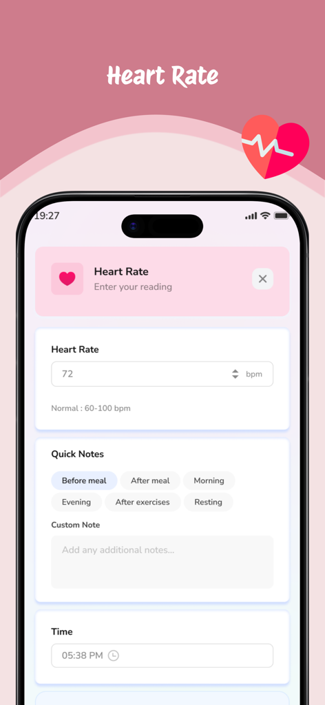 Mobile app screen for logging heart rate data with bpm input and quick notes tags