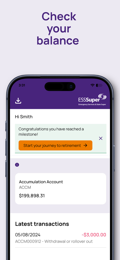 ESSSuper - ESSSuper mobile app interface showing a superannuation accumulation account balance and recent transactions