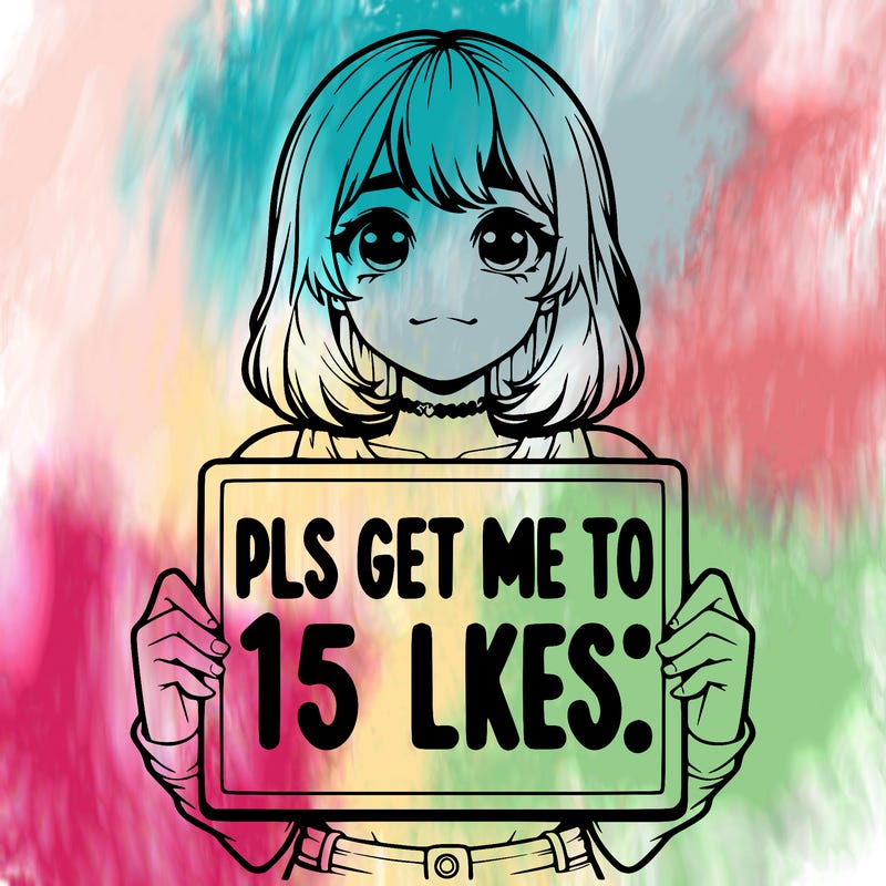 realistic girl holding up a sign that says “pls get me to 15 likes!”