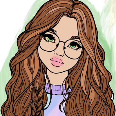girl with long hair and freckles and glasses realistic