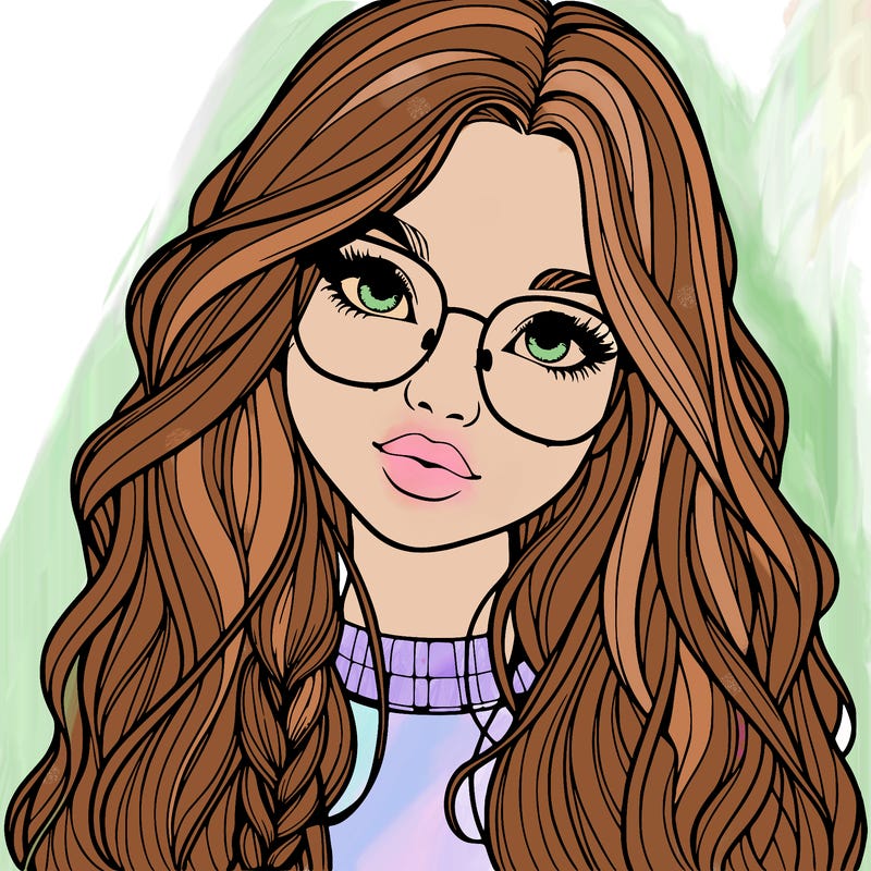girl with long hair and freckles and glasses realistic