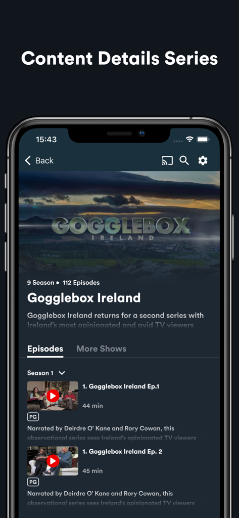Virgin Media Play - Aplicación Virgin Media Play mostrando detalles de la serie Gogglebox Ireland y lista de episodios