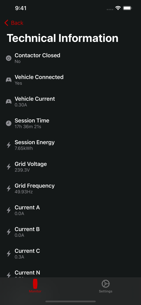 Wall Monitor for Tesla - Technical information screen of the Wall Monitor app displaying charging session data and grid diagnostics