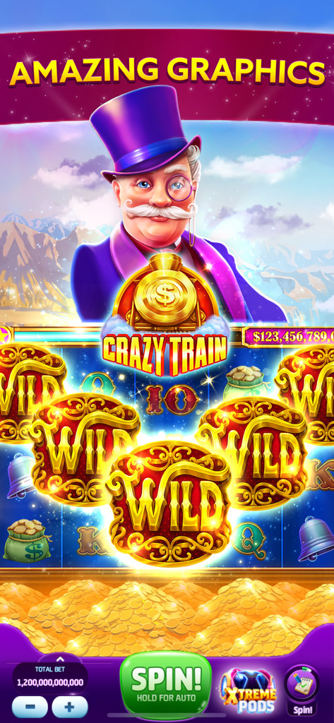 Écran de jeu Slotomania montrant la machine à sous Crazy Train avec plusieurs symboles wild dorés et un personnage gentleman.