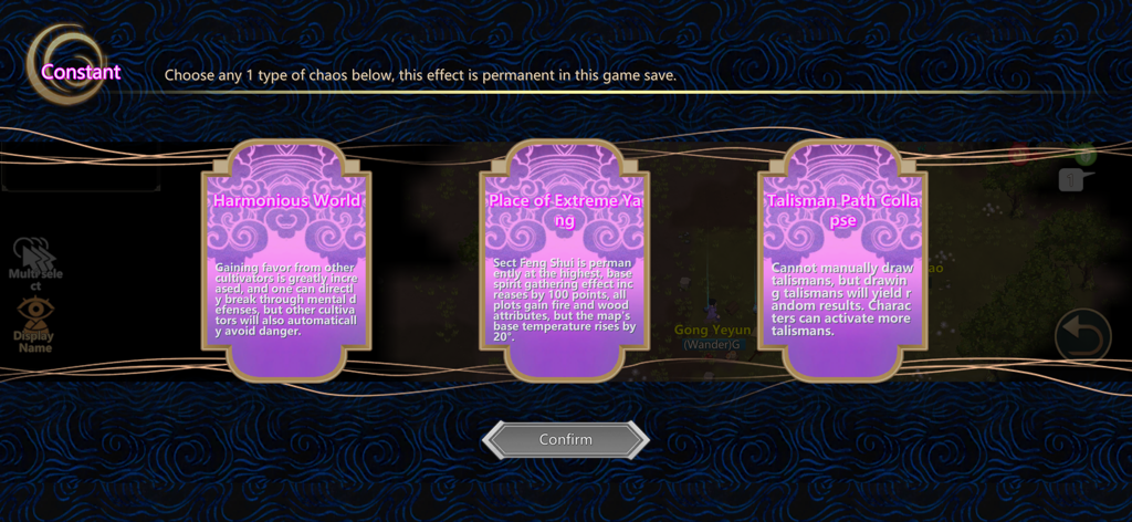 Sect management screen showing three permanent chaos modifier choices in Amazing Cultivation Simulator.