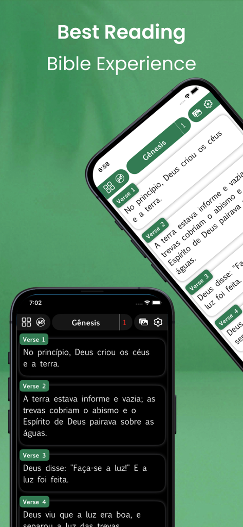 Interface do aplicativo Bíblia para Mulher mostrando opções de modo claro e escuro para leitura de Gênesis