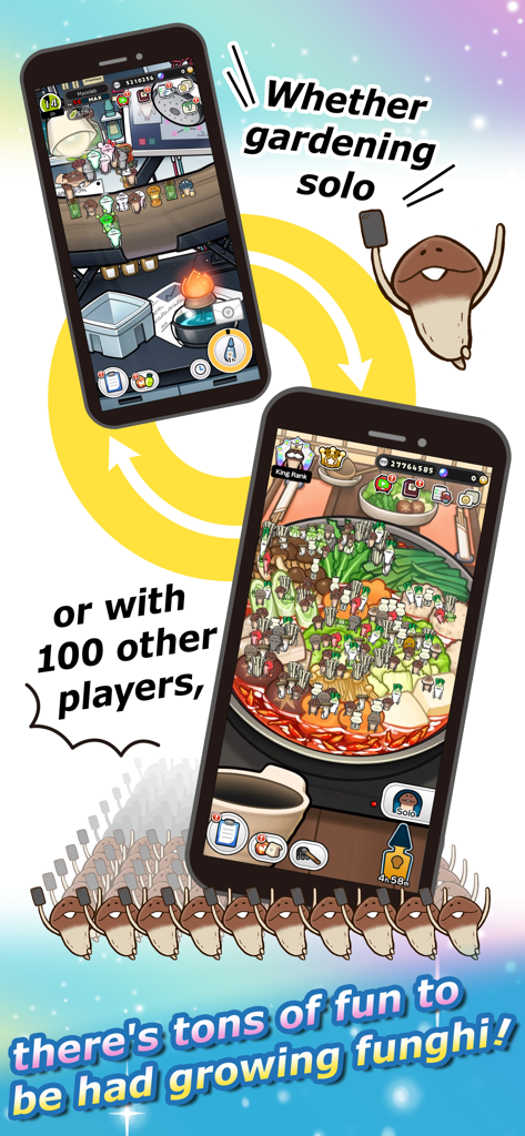 Everyone's Mushroom Garden - Captura de pantalla que compara la jardinería en solitario y el modo de grupo de 100 jugadores en El Jardín de Hongos de Todos.
