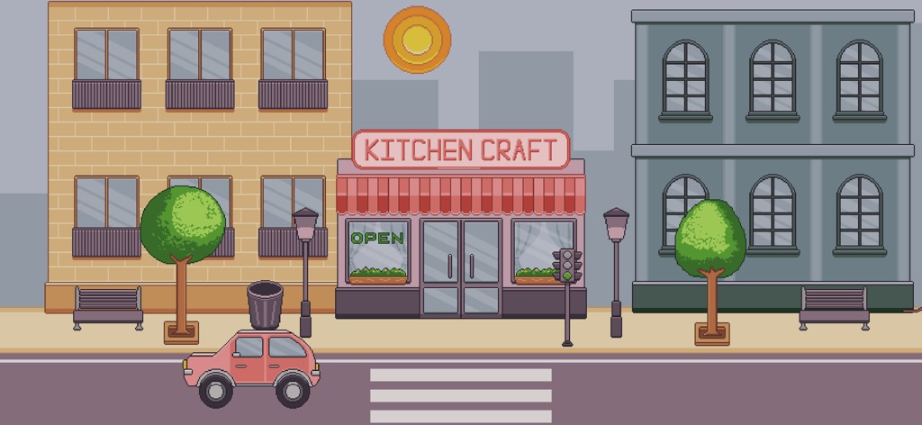 KitchenCraft: cooking business - Vista de la calle del restaurante Kitchen Craft con gráficos de arte pixelado