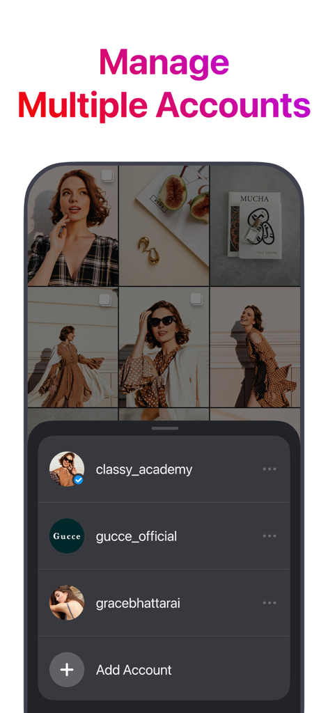 Grid Preview for Instagram - Uma interface móvel para gerenciar e alternar entre vários perfis do Instagram no aplicativo Grid Preview