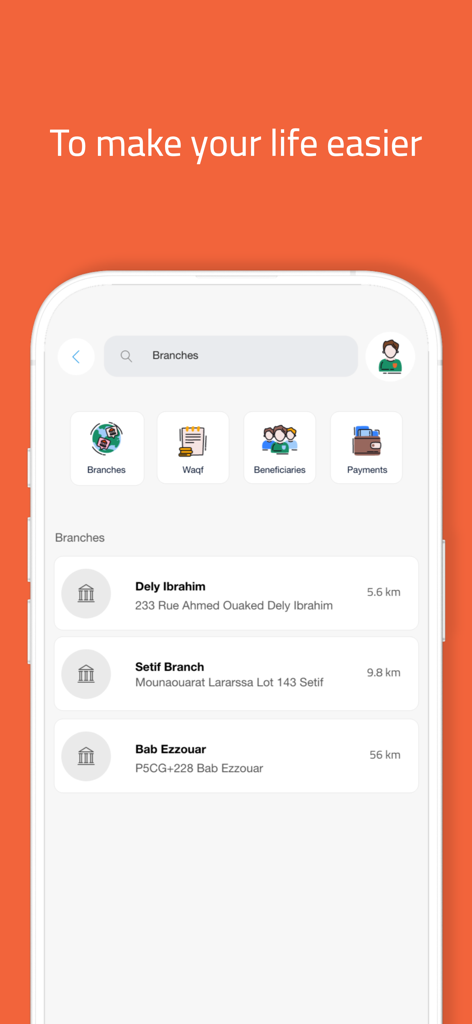 MySalam+ - MySalam+ mobile app screen showing the branch locator with a list of Al Salam Bank locations in Algeria and their distances.