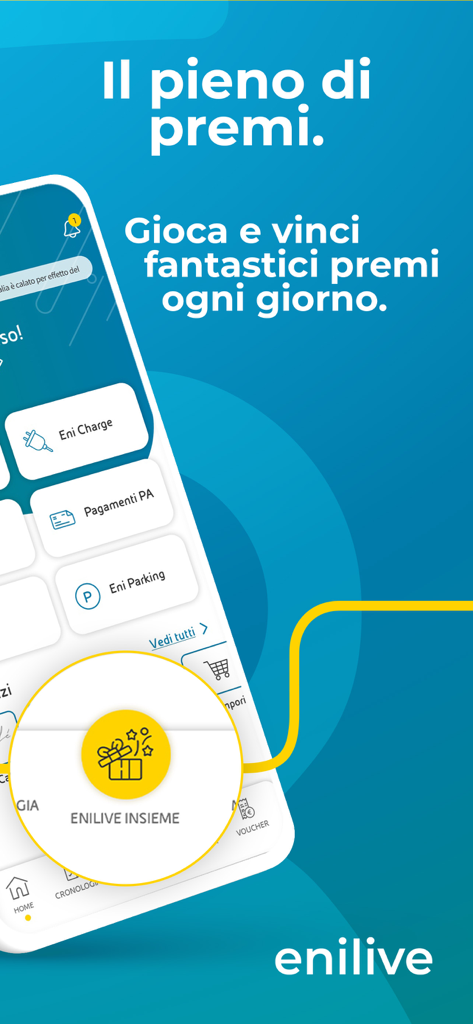 Enilive mobile app interface showing the loyalty program and mobility services like EV charging and parking