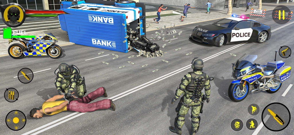 Police Bike Games: Bike Chase - Police officers arresting a suspect near an overturned bank truck with money scattered around.