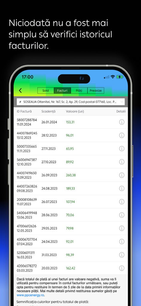 myPPC - Mobile app screen showing a list of utility bill history with dates and amounts