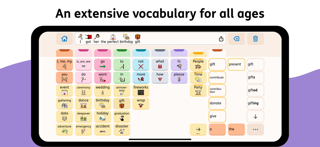 Proloquo AAC App-Oberfläche mit einem umfassenden Raster von bunten Kommunikationssymbolen und Wörtern.
