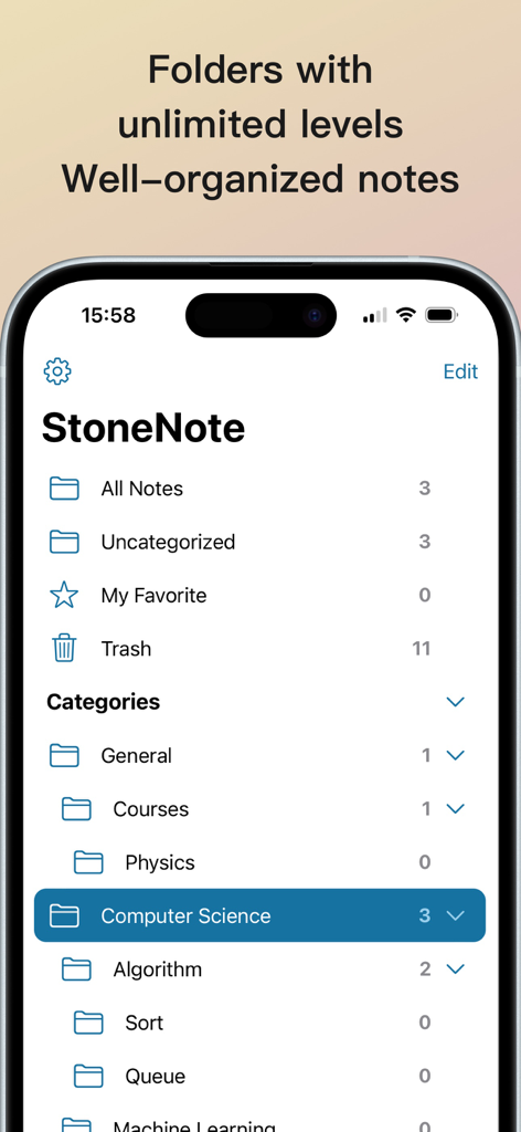 StoneNote - Video Study Note - Interface of StoneNote showing hierarchical folder organization for digital study notes on iPhone.