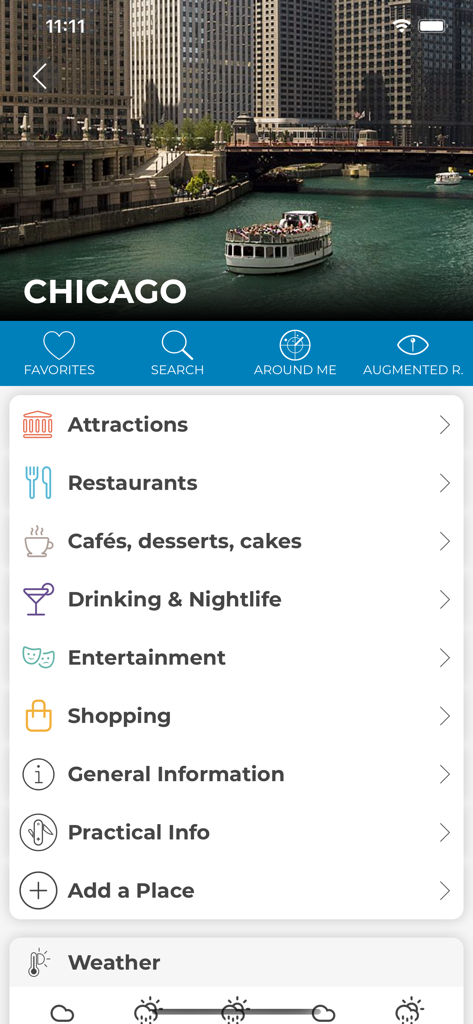 Wings Travel Mobile city guide for Chicago showing categories like attractions and restaurants