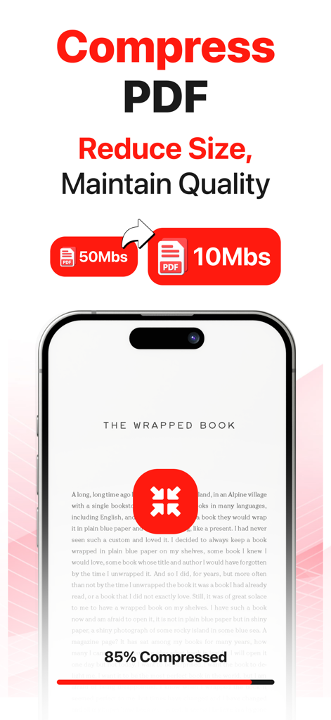 A mobile app screen showing PDF compression from 50MB to 10MB