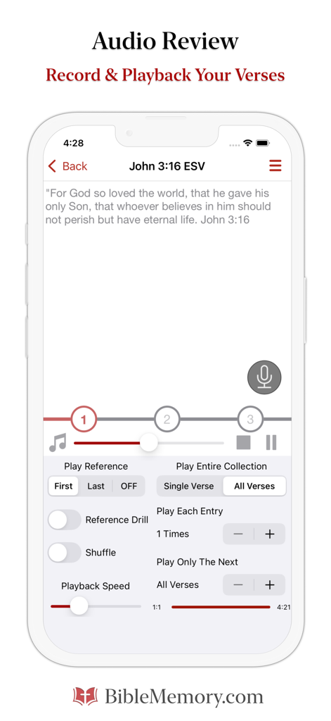 The Bible Memory App - Schermata dello smartphone che mostra i controlli di revisione e riproduzione audio per memorizzare i versetti biblici nell'app per memorizzare la Bibbia