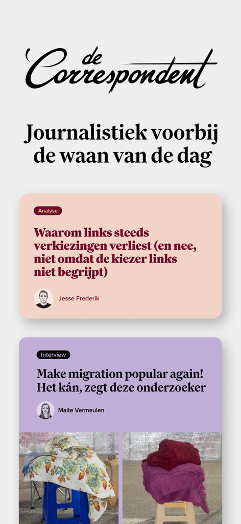 De Correspondent - Interface of the De Correspondent app showing Dutch long-form journalism articles and the publication logo