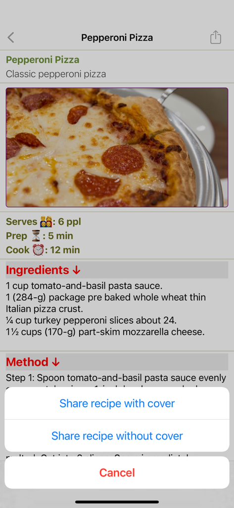 My Recipes: Create and Share - Ein Pepperoni-Pizzarezept in der Meine Rezepte App, das Freigabeoptionen für ein digitales Kochbuch anzeigt