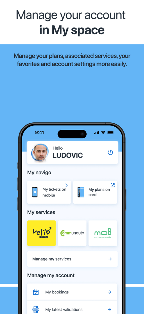 User profile and account management screen in the Ile-de-France Mobilites app displaying digital tickets and transit services