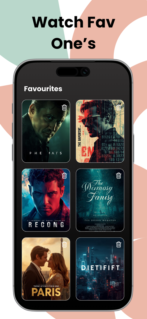 0meTV - Movies , Video Chat - Una pantalla de smartphone mostrando una cuadrícula de títulos de películas y dramas marcados como favoritos dentro de la sección de favoritos de la aplicación 0meTV