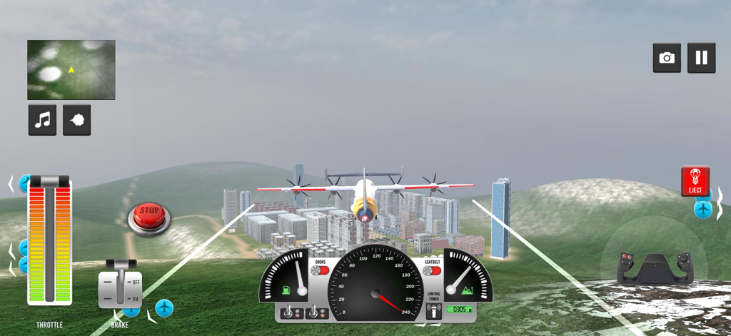 Airplane Sky Adventure 2025 - Jugabilidad del simulador de vuelo que muestra un avión de hélice volando sobre un entorno urbano