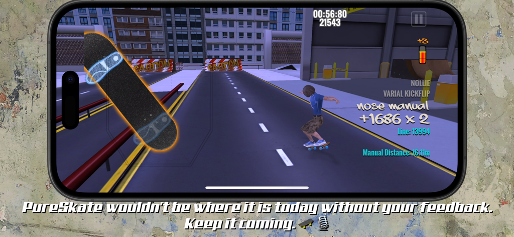 PureSkate 1+2 - PureSkate mobile game screenshot showing a skater performing a nose manual trick