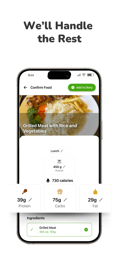 Kaloria: Calorie Counter - Kaloria app interface showing a summary of calories and macronutrients for a plate of grilled meat with rice and vegetables