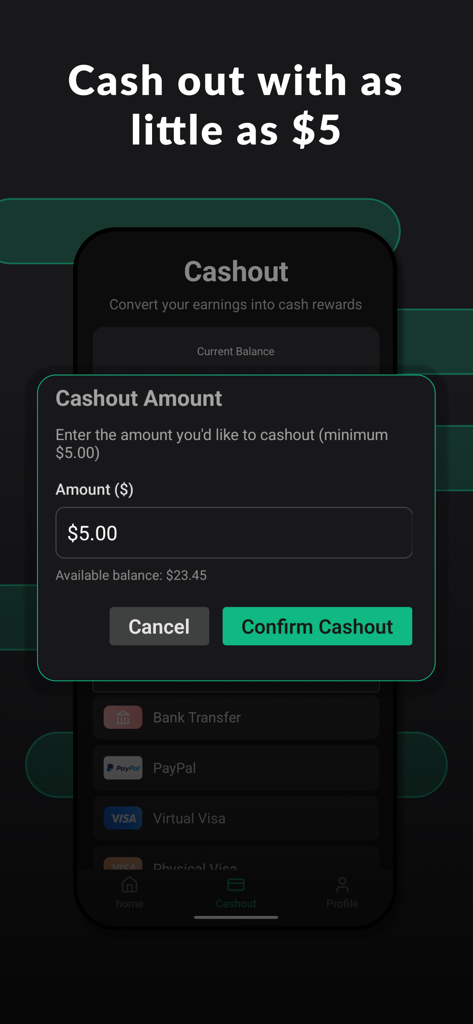 SurveyBank: Earn Cash - Mobile app screen for SurveyBank showing a 5 dollar cashout request with payment options like PayPal and bank transfer