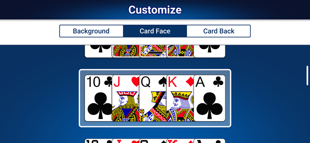 Customization screen in Classic Solitaire NETFLIX app showing card face design options